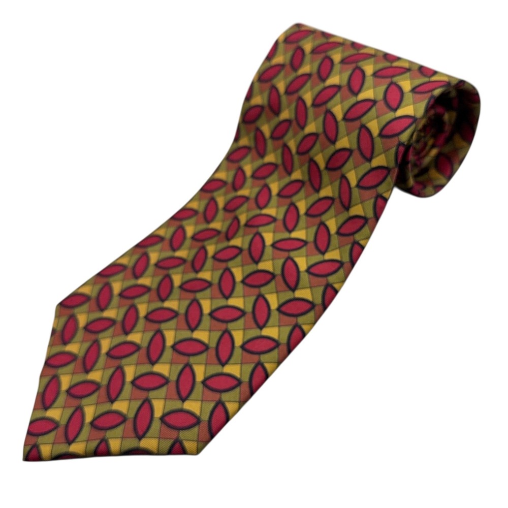 Neiman Marcus Mens Geometric Patterned Silk‎ Necktie Gold Red Green